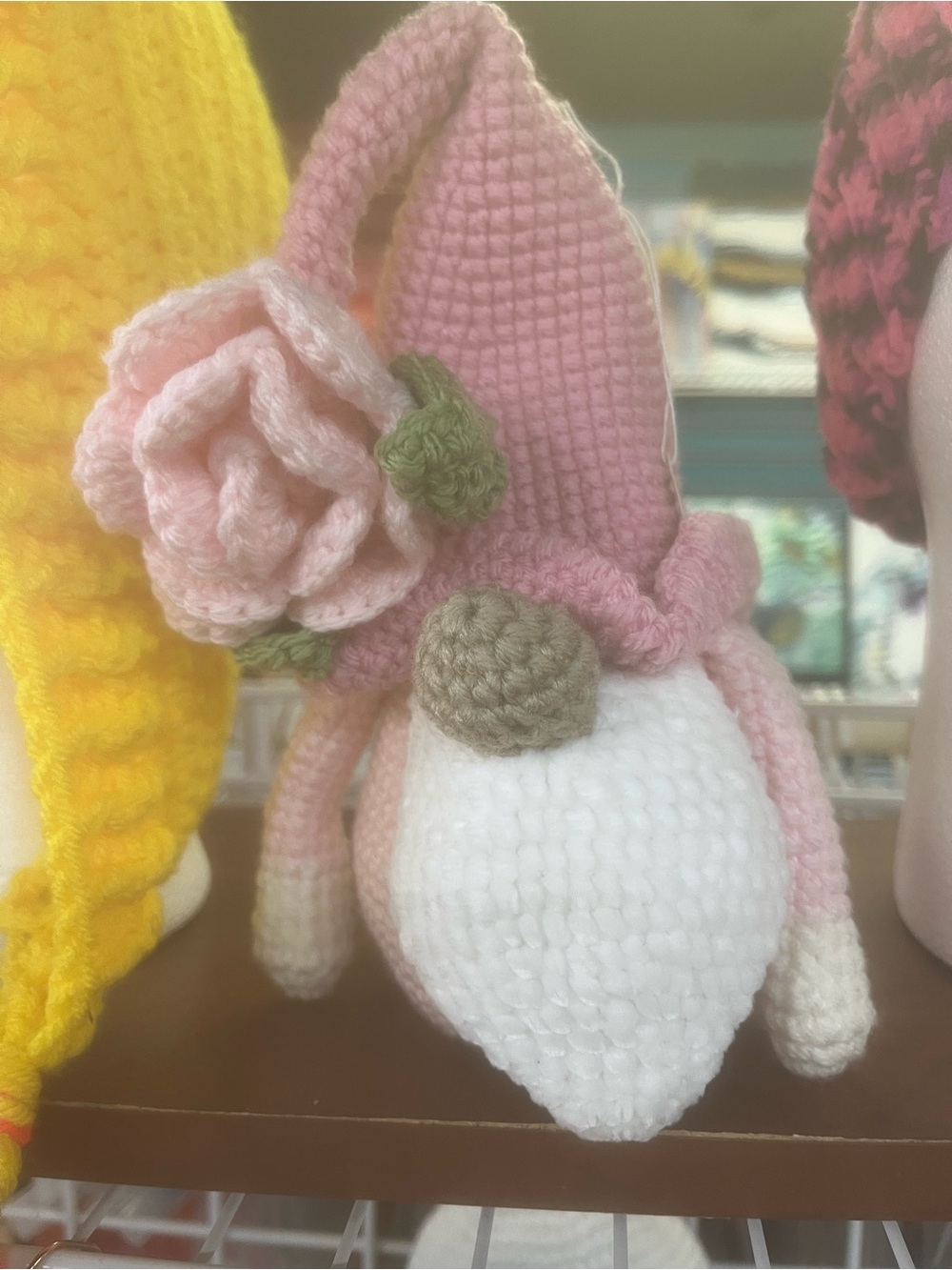 Handmade Pink Crochet Gnome with Rose Accent